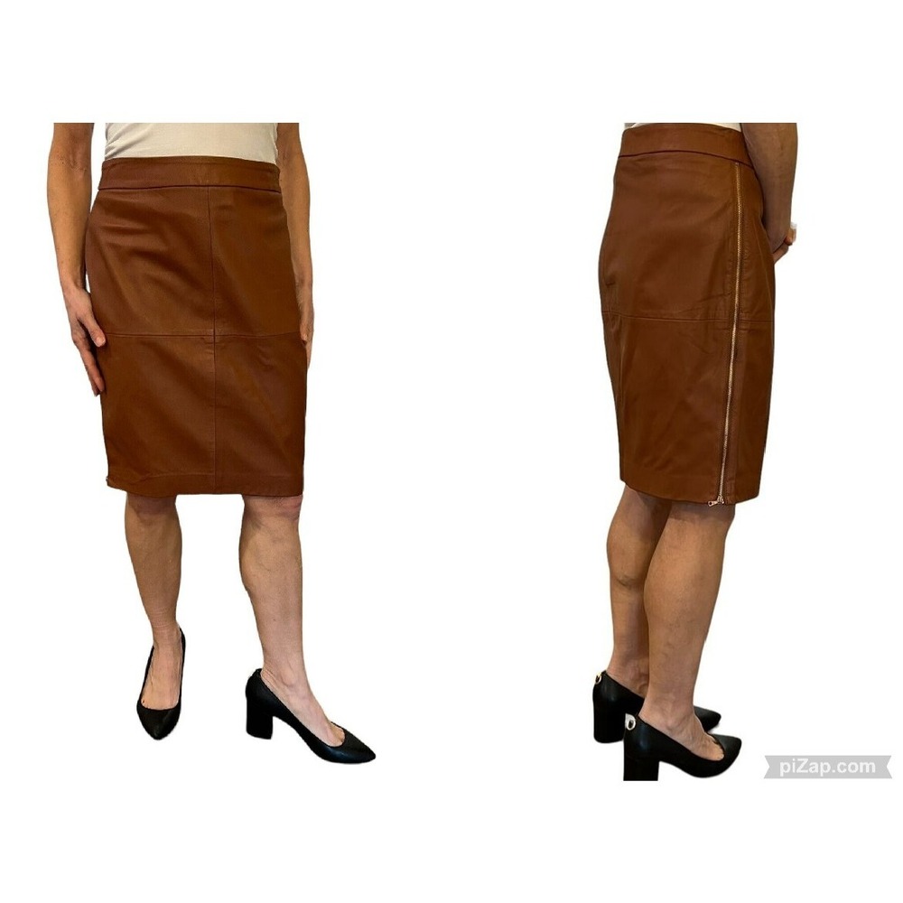 WOMENS TRINA TURK  SADDLE BROWN 100% LEATHER  PENCIL SKIRT SIDE ZIPPERS SZ 8